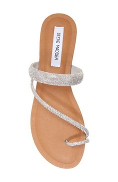 Find STEVE MADDEN Fiorra Sandal on Editorialist. Sparkly rhinestones lend everyday glitz to this toe-loop sandal featuring asymmetric straps and a flat sole. Synthetic upper, lining and sole Imported Steve Madden, Luxury Fashion, Silver