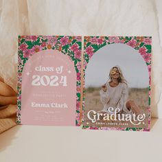 a graduation party card with a photo and flowers on the front, next to a bouquet of daisies