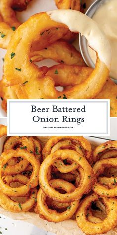 beer battered onion rings in a box with dipping sauce on top and the words beer battered onion rings