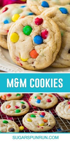 cookies with m & m candies on top and the words m & m cookies above them