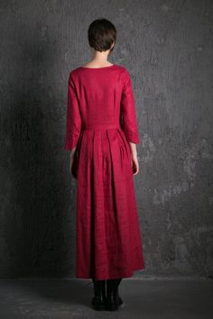 Womens dresses, Linen Maxi Dress, maxi dress, fall dresses for women, linen dresses for women, red d Red Pleated Back Dress, Fitted Long Sleeve Dress With Pintucks, Fitted Red Linen Dress, Red Linen Dress, Maxi Dress Casual, Dresses Linen, Tunic Designs, Maxi Dresses Fall, Mode Boho