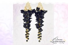 "Black Long earrings Black Flower Earrings Black evening earring Black Gold Earring Black Flower Jewelry Black Girlfriend gift Floral earrings Black wedding earrings Elegant long earrings with flowers, and supplemented with crystal beads. Floral long earrings. Earrings Polymer Clay. Stud earrings with openwork finding of gold color ♥ These Black earrings can be a perfect complement to your dress. It is a great finding for evening party and women who want to take all attention. For these flowers I used high quality polymer clay Fimo. Each flower is made by hand in a special technique. Length with hooks is about 9,2cm/3.63\" ✿These earrings can be made to order. Please allow 3-8 days for production time. ✿ Real colors may slightly differ from one monitor to another, as it depends on specific Floral Earring, Polymer Clay Stud Earrings, Clay Stud Earrings, Packing Jewelry, Jewelry Black, Polymer Clay Flowers, Party Earrings, Clay Flowers, Black Flower