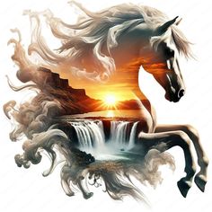 a horse with flowing water in the foreground and waterfall in the background at sunset