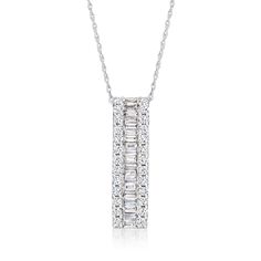 Ross-Simons - .99ct t. w. Round, Baguette Diamond Bar Pendant Necklace. 18". A diamond bar necklace is a classic, heirloom-worthy look. Here, a vertical runway of baguette diamonds is trimmed on either side by round brilliant-cut diamonds for a total of .99 carats. Crafted in 14kt white gold. Suspends from a rope chain. Springring clasp, diamond bar necklace. Diamond birthstones are the perfect gift for April birthdays. White Baguette Cut Diamond Necklace, Classic Necklace With Baguette Diamonds For Anniversary, Classic Baguette Diamond Necklace For Anniversary, Baguette Cut Diamond Necklaces For Anniversary, Baguette Cut Diamond Necklace, Classic Baguette Necklace For Anniversary, Diamond Bar Necklace, April Birthday, Bar Pendant Necklace