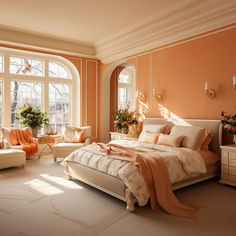 a bedroom with orange walls and white furniture in front of two large windows that look out onto the street