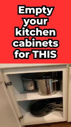 an empty kitchen cabinet with pots and pans in it for this advertise