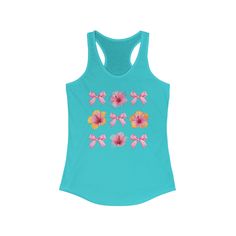 Tropical Hibiscus Flowers and Pink Bows pair up for this coquette aesthetic gym or casual tank top for women This is a slim fit, workout tank top, but they are also great for everyday wear too. Slim Fit Next Level Racerback tank-top (sizing chart in images) Material: 60% combed, ring-spun cotton, 40% polyester Extra light fabric Slim fit - see size chart Runs slightly small since it is a slim fit. I suggest ordering one size up if you prefer a looser fit in your tank tops. Average Processing Time is 2-4 business days since each tank top is custom made for you when ordered. Fitted Summer Tank Top For Workout, Fitted Tank Top For Summer Light Exercise, Fitted Tank Top For Light Exercise, Summer, Summer Style Tank Top For Spring Workout, Pink Summer Gym Tank Top, Pink Summer Tank Top For Gym, Pink Tank Top For Gym In Summer, Blue Tank Top For Light Exercise In Summer, Blue Tank Top For Summer Exercise