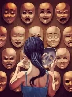 a woman is looking at many faces with masks on the wall in front of her