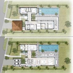 two views of the house from above and below, with swimming pool in between them