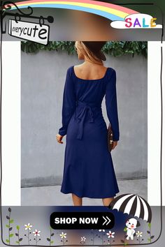 Navy Blue Pleated Tie Waist Long Sleeve Midi Dress Non-stretch Blue Dress For Day Out, Blue Non-stretch Midi Dress For Brunch, Blue Solid Color Midi Dress For Day Out, Blue Non-stretch Dress For Day Out, Non-stretch Blue Dresses For Brunch, Non-stretch Blue Dresses For Work, Non-stretch Blue Dress For Brunch, Blue Solid Color Dress For Brunch, Blue Square Neck Midi Dress For Day Out