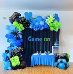 a game on party setup with balloons and streamers