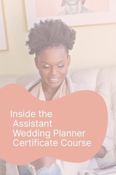 a woman sitting on a couch looking at her wedding planner with the title inside the assistant wedding planner certificate course