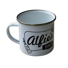 a white and silver coffee mug with the words afiie's diner on it