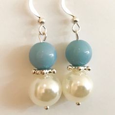 Silver Blue Bead Pearl Earrings Silver Plated Metal Alloy Light Blue & White Acrylic Beads For Pierced Ears French Hooks. New Condition.