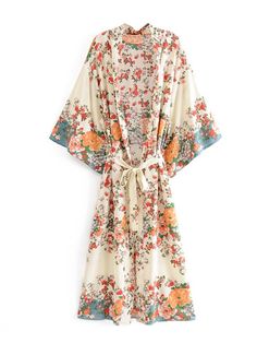 Boho Robes, Kimono Outerwear, Kimono Floral, Kimono Shirt, Bohemian Kimono, Belted Robe, Floral Print Kimono, Gilet Long, Floral Sleeve