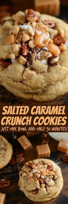 salted caramel crunch cookies with nuts on top