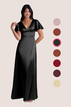 a woman in a long black dress standing next to color swatches and the same image