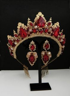 Luxurious red and gold crown. The red tiara has a unique author's design. Handmade, created from high quality materials: crystal rhinestones and beads, lightweight metal, silver-plated jewelry wire. Red crown height - 2.35 inches. Red tiara for women is light, despite the size. Red and gold jewelry set. This set of accessories is made of thin metal elements, crystal rhinestones and beads.  The length of the decorative part of the necklace is about 7.5 inches, the total length with the chain is 1 Red And Gold Tiara, Red And Gold Crown, Sweet 16 Crowns, Crown Quinceanera, Ruby Crown, Red And Gold Quince, Red Tiara, Sweet 16 Tiara, Quinceanera Jewelry