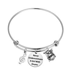 PRICES MAY VARY. ♥Material♥Inspirational Drummer Gift made of stainless steel, it is lead free and nickel free. Stainless Steel is hypo allergenic, it doesn’t rust, change colour or tarnish. ♥Size♥Drum Bracelet-Bangle is 6.0 cm in diameter , The inner diameter is approximately 63 to 65mm.The bracelet is an adjustable bangle style. It extends and contracts to fit most adults. Manual measuring permissible error . ♥ Drum Player Jewelry engraved with a message”Never Underestimate A Girl Who Drums” I Adjustable Stainless Steel Band Jewelry, Adjustable Metal Music-themed Jewelry, Band Gifts, Music Bracelet, Drummer Gifts, Perfect Music, Inspirational Bracelets, Bangles Style, Adjustable Bangle