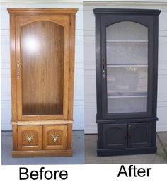 before and after photos of an old china cabinet painted black with chalk paint, then finished in dark wax