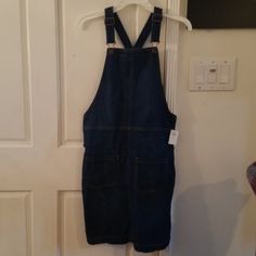 Dark Denim Brand New Overalls Dress Blue Denim Dress With Pockets, Dark Wash Denim Dress With Pockets, Medium Wash Denim Overall Dress With Pockets, Spring Blue Overall Dress, Kids Denim Dress, Yellow Eyelet Dress, Satin Ruffle Dress, Green Polka Dot Dress, Light Blue Romper