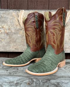 R. Watson presents these nubuck olive green caiman and vintage amber calf exotic western boots. These boots have a corded stitch pattern, R. Watson comfort system, all leather stacked heel, counters, solid steel shank, and 10 iron outsole. 13″ total in height. 13" Shaft Heel - Walking Toe - 2" Square Top - Cowhide Top Color - Vintage Amber Vamp - Caiman Belly Vamp Color - Olive Green R. Watson boots tend to run big. RESTRICTIONS ON SHIPMENT OF EXOTIC BOOTS NEW YORK (See N.Y. Envtl. Conserv. Law Groom Boots, Sage Green Cowboy Boots, Green Western Boots For Rodeo, Green Cowgirl Boots, Womens Cowgirl Boots Green, Green Leather Western Boots, Cow Boy Boots, Boy Boots, Western Store