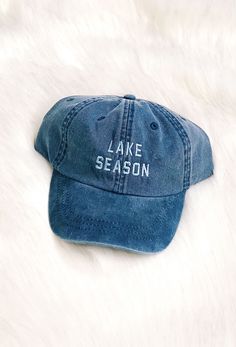 Charlie Southern Lake Season Hat, blue denim hat with adjustable strap and blue embroidered lake season on the front Day On The Lake, Boho Bandeau, Blue Gray Color, Cute Llama, Effortless Outfit, Denim Hat, Chin Up, Weekend Bag, Blue Hat