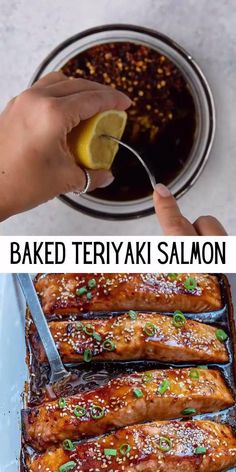 baked teriyaki salmon in a pan with lemon wedges being drizzled on top