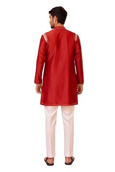 Red kurta with dori and marodi work. Paired with a pant. - Aza Fashions Fitted Red Kurta With Dori Work, Festive Red Straight Kurta Bandhgala, Red Straight Kurta With Dori Work, Red Naqshi Kurta, Transitional Red Jamawar Kurta, Short Kurta For Men, Red Kurta, Kurta Patterns, Work Shorts