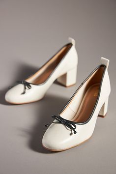 Don't passé on the chicest shoe style of the season. | Heeled Ballet Pumps by Maeve in Black, Women's, Size: 8, Leather/Rubber at Anthropologie Theatrical Romantic Winter Shoes, Shoes For Theatrical Romantic, Block Herl Wedding Shoes, Classic French Shoes, 1940s Shoes, Block Heel Pumps, Classy Shoes, Chic Shoes, Shoe Inspo