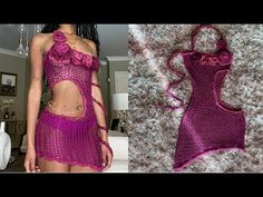 a woman wearing a purple crochet dress next to an image of a women's bra