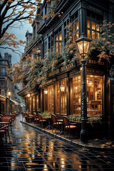 an oil painting of a restaurant on a rainy night