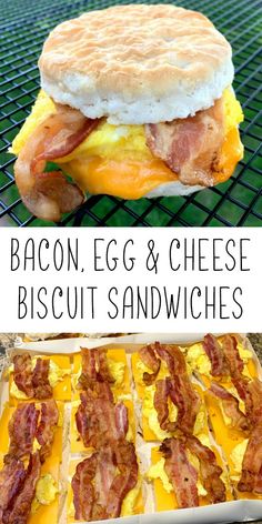 bacon, egg and cheese biscuit sandwiches on a grill with text overlay that reads bacon egg and cheese biscuit sandwiches