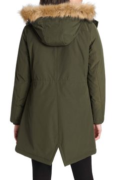 Leave it to Levi's to fuse practicality and style in this midweight parka featuring dual-entry pockets and detachable faux fur trimming the hood. Leave the silhouette loose for a relaxed feel or cinch the drawstring waist to give your look a little definition. 33" length Front zip closure with snap storm placket Drawstring hood with removable faux-fur trim Rib knit storm cuffs Dual-entry pockets Adjustable toggle-drawcord waist Back vent Wind-resistant; water-resistant Quilted lining, with 100% Fall Nylon Parka For Cold Weather, Fall Nylon Parka With Fleece Lining, Solid Nylon Parka For Cold Weather, Functional Parka For Cold Weather And Fall, Functional Parka For Cold Weather In Fall, Fall Hiking Outerwear With Detachable Hood, Fleece Lined Parka For Outdoor Activities, Fall Parka With Fleece Lining For Outdoor Activities, Weatherproof Nylon Parka For Fall