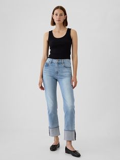 High Rise Cuffed '90s Straight Jeans Gap Mid-rise Relaxed Fit Jeans, Gap Straight Leg Jeans For Fall, Gap Relaxed Fit Jeans For Spring, Gap High Rise Jeans For Spring, Gap Cotton Flare Jeans For Spring, Classic Gap Jeans For Spring, Spring Cotton Flare Jeans By Gap, Gap Straight Leg Summer Jeans, Gap Mid-rise Jeans For Fall