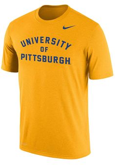 Show off your team pride in this Pitt Panthers Gold Dri-FIT Short Sleeve T Shirt! This Panthers Short Sleeve Tee features a screen print University of Pittsburgh on front chest. Make sure everyone knows you root for the Panthers with this Gold Panthers T Shirt. Go Panthers! Dri-FIT moisture-wicking technology, Crew neckline, Rib-knit collar, cuffs, and hem, Unisex, Screen printed team graphic on chest, Iconic Nike swoosh below neckline, 57% COTTON / 43% POL Collegiate Cotton Shirt For Fan Gear, Collegiate Shirt For Sports Events In Team Colors, Collegiate Team-colored Shirt For Sports Events, Team-colored Fan Apparel Shirt With Team Logo, Yellow College Top For Team Spirit, Collegiate Cotton Shirt For Sports Events, Collegiate Crew Neck Shirt With Team Name, Team-colored Cotton Sports Shirt, Yellow Sports Tops With Team Name