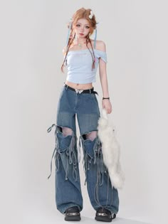 ❤︎Love Hot Rolled Ripped Stripe Loose Denim❤︎ Blue Outfit Korean, Y2k Blue Outfit, Korean Heart, Harajuku 90s, Gothic Y2k, Style Bleu, 2000s Clothes, Casual Preppy Outfits, Jean Pants