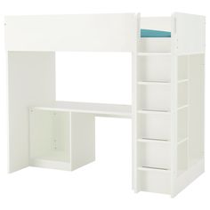 a white loft bed with desk and shelves on the bottom level, against a white background