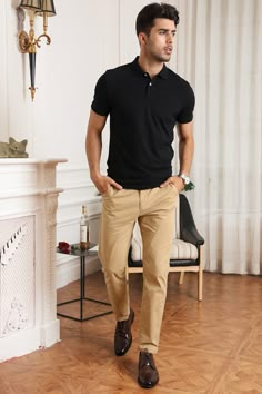 Black Men Short Sleeve Polo Shirt Black Polo Shirt Outfit Men, Mens Polo Outfit, Black Polo Outfit Men, Black Polo Outfit, Khaki Pants Outfit Men, Men Work Outfits, Business Casual Men Work