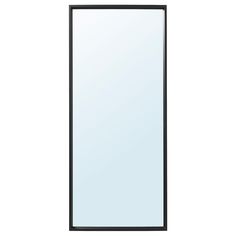 a black framed mirror is shown against a white background with the reflection of an object in it