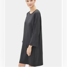 Questions? Leave A Comment Below! Round Neckline Pullover Styling Bracelet-Length Sleeves Side Pockets Cotton/Spandex Machine Washable Made In Usa Made For Bloomingdales Elegant Relaxed Fit Dress For Loungewear, Long Sleeve Sleep Dress For Fall, Long Sleeve Fall Sleep Dress, Bracelet Sleeve, Eileen Fisher Dress, Easy Dress, Ladies Dress Design, Eileen Fisher, Simple Dresses