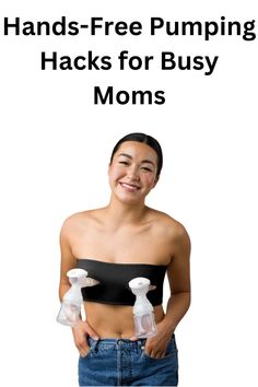 a woman holding two baby bottles with the words hands - free pumping hacks for busy moms