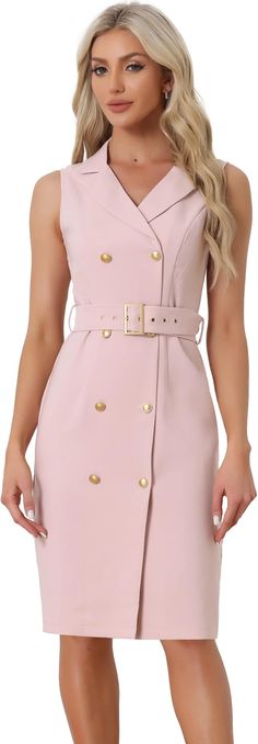 Elevate your professional wardrobe with the Margina Belted Sleeveless Blazer Dress. The belted waistline accentuates your figure, while the sleeveless design allows for comfort and ease of movement. Perfect for any occasion, this dress exudes sophistication and style in a flattering pink color. 95% Polyester, 5% Spandex Brand Size Dress Bust Waist Hip XS 0-2 31-32.5'' 23-24'' 31-34" S 4-6 33-35'' 25-26'' 35-37" M 6-12 35-36'' 27-28'' 38-39" L 12-14 38-40'' 29-31'' 40-42" Sleeveless Blazer Dress, Shirt Jacket Men, Sleeveless Blazer, Sequin Blazer, Mens Jackets Casual, Mens Sleepwear, Winter Knit Hats, Tall Pants, Professional Wardrobe