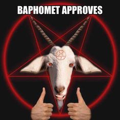 a goat with long horns is pointing at someone's hand and has the words baphomet approved on it