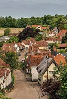 an aerial view of a small town with lots of houses on the side and trees in the background