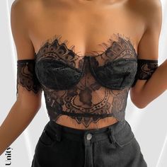 Never Worn Shein Lace Crop Top Outfit Formal Mujer, Club Attire, Lace Tube Top, Body Outfit, Strap Crop Top, Cute Lingerie, Bralette Crop Top, Crop Top Outfits, Lace Crop Tops