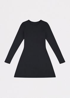 A crewneck long sleeve jersey dress with a slim fit bodice and flared skirt. Wear under a vintage jacket with knee high boots. Long Sleeve Jersey Dress, Black Long Sleeve Dress, Long Sleeve Jersey, Flared Skirt, Vintage Jacket, Fitted Bodice, Black Media, Jersey Dress, Flare Skirt