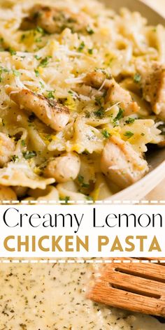 the creamy lemon chicken pasta is ready to be eaten