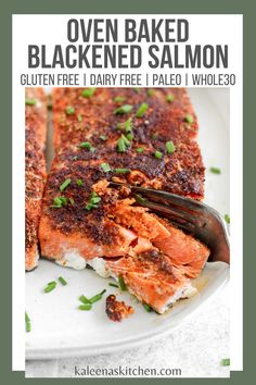 salmon fillets on a white plate with a knife and fork in the foreground text reads oven baked blackened salmon gluten free i dairy - free pale pale