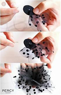 three pictures showing how to sew a tulle with the help of two hands